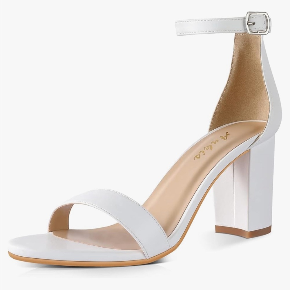 NEW White Ankle Strap Block Heel Sandals